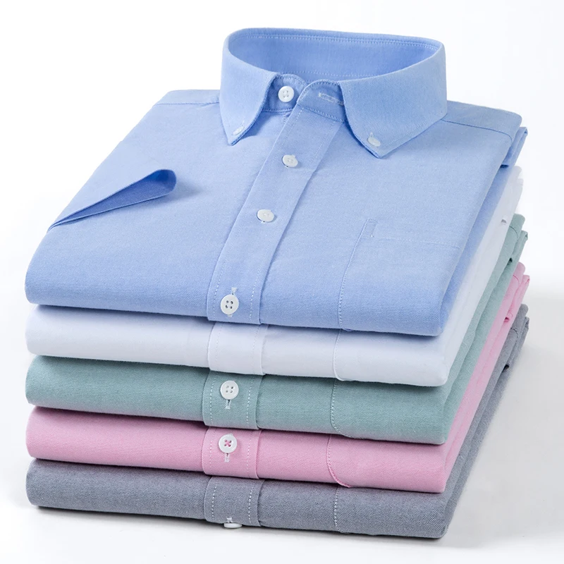 

Men Shirt Short Sleeves with Pockets Cotton Oxford Casual Shirts Single Pocket Button Plaid Striped Male Social Formal Shirts