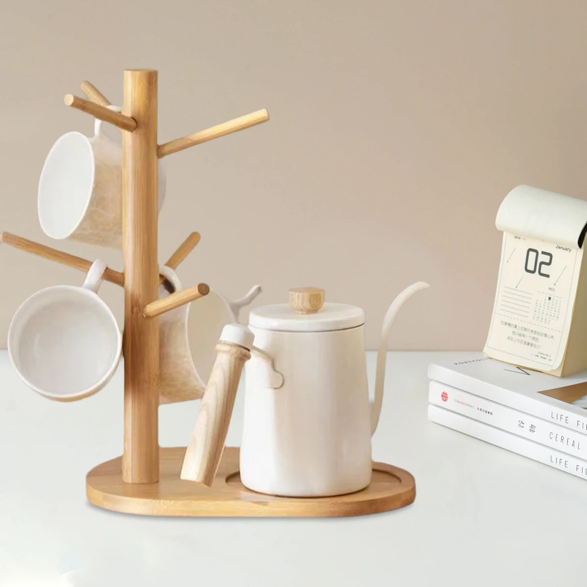Mug Tree Holder - Bamboo Coffee Cup Rack with 3/6 Hooks, Non-Slip Kitchen Organizer for Counter, Perfect for Home & Cafe Decor