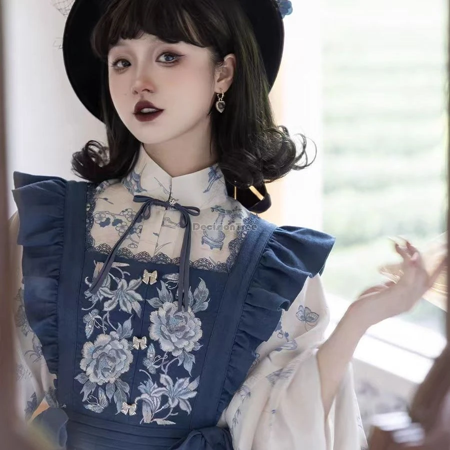 

2026 new chinese improved style ancient ming dynasty stand-up big sleeve collar printed long gown lolita hanfu set for women