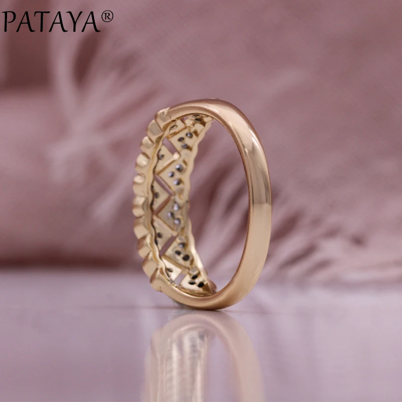 PATAYA New Unique Design Champagne Gold Color Rings for Women Girl Fashion Geometric Natural Zircon High Quality Daily Jewelry