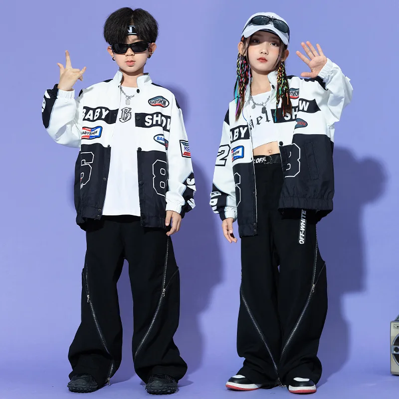 Hip Hop Clothing Boys Girls Jazz Dance Costume Long Sleeve Jacket Tops Baggy Pants Kids Hip Hop Performance Wear Rave Clothes