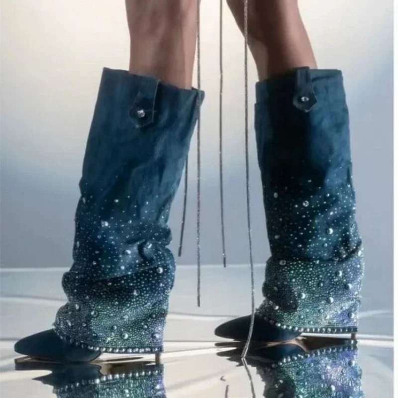 2024 European And American Vintage Denim Knight Boots Size Rhinestone Boots Women's Sexy Thin High Heel Sleeve Boots