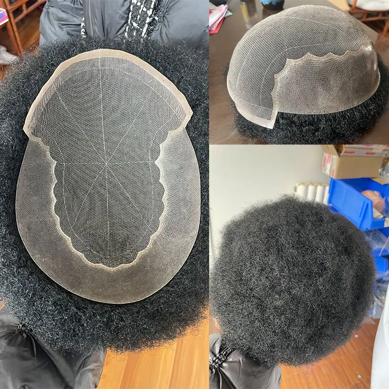 Afro Curl Toupee For Black Men Q6 French Lace Front Kinky Curly 8X10Human Hair African American Mens Wig Hair System Replacement