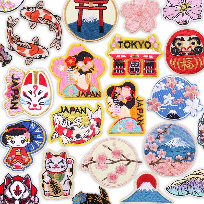Japanese Lucky Collection Embroidered Patches Iron On Embroidery Maneki Neko Goldfish Kimono Girl Sakura Fuji Good Fortune Decor