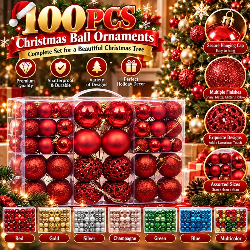 101Pcs Christmas Ornament Balls Set, 3/4/6cm Gold Red Blue Baubles, Hollow Xmas Tree Hanging Decorations, Party Home Gift Box