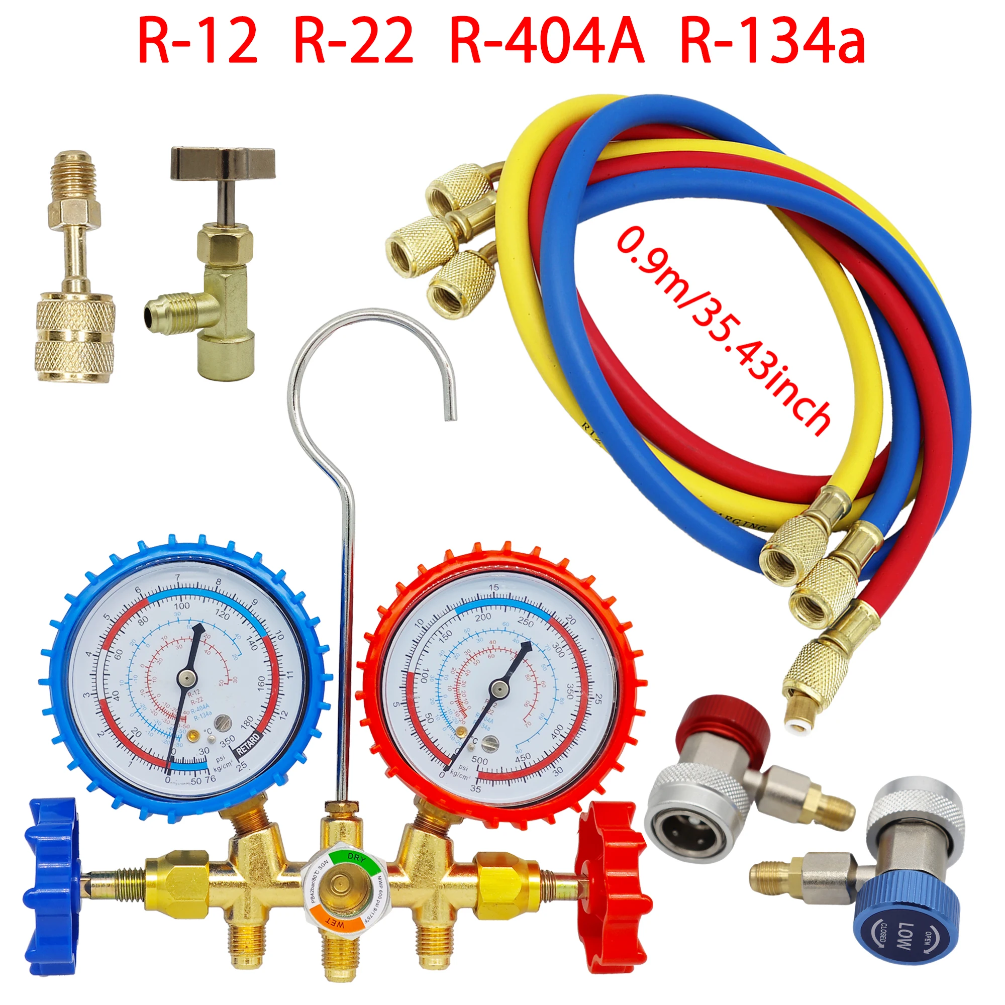 R134a Air Conditioning Pressure Gauge with Hose and Hook 3 Way AC Diagnostic Manifold Gauge Set Freon For R12 R22 R404A R134a