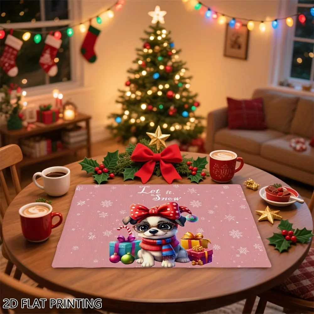 

VIKAMA 4/6PCS Christmas Themed Placemat, Snowflake Puppy Waterproof, Holiday Table Decoration Party Decoration