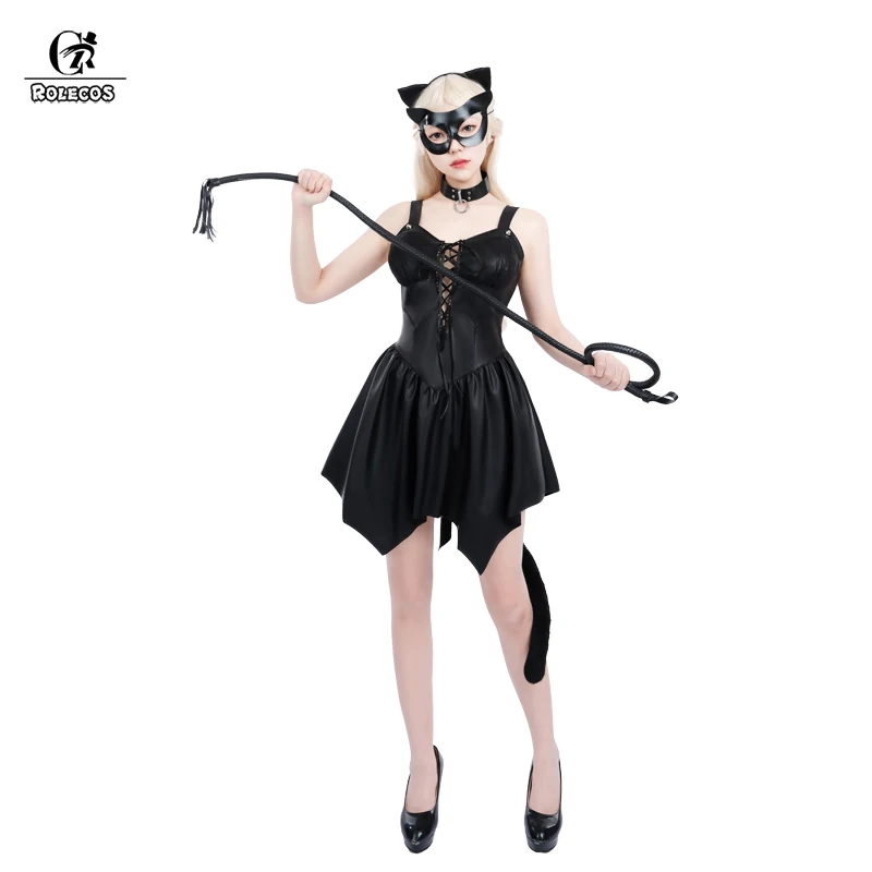 

ROLECOS Catwoman Cosplay Costume Women Dress Set Halloween Party Roleplay Outfit Adult Sexy Dress Black Fancy Cosplay Dress Up