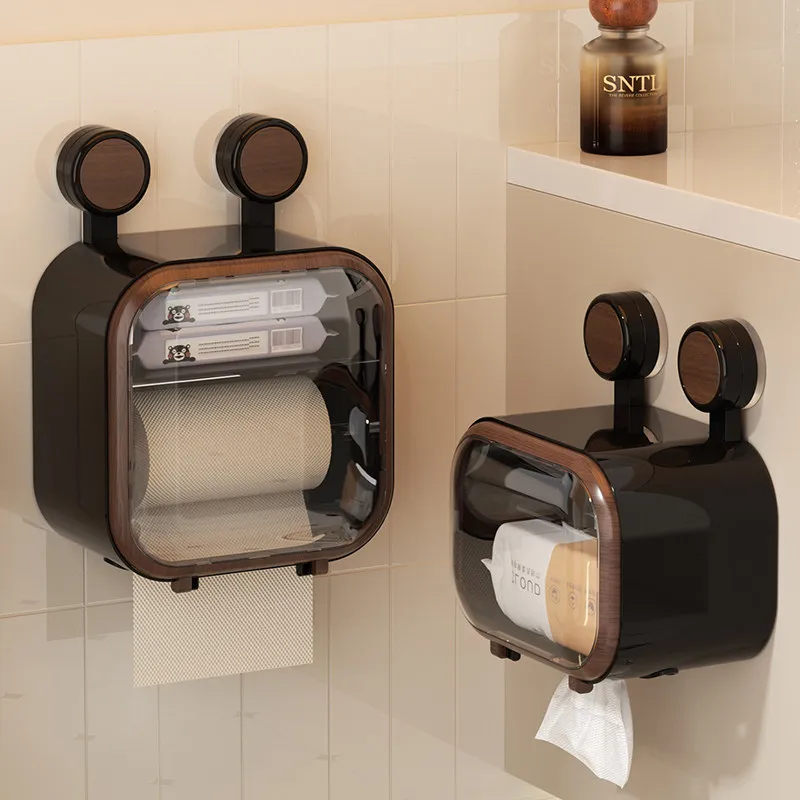 

Mid Century Walnut Wood Grain Bathroom Tissue Box Suction Cup No Drilling Waterproof Toilet Paper Restroom Storage Rack Paper