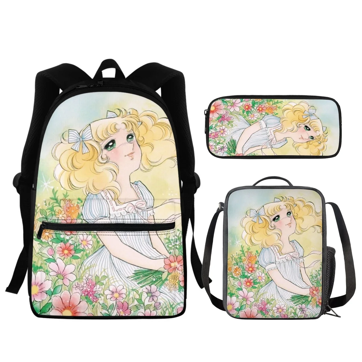 

FORUDESIGNS Anime Candy Girl Schoolbags Elementary School 3Pcs/Set Pencil Case School Supplies One Shoulder Cute Meal Bags