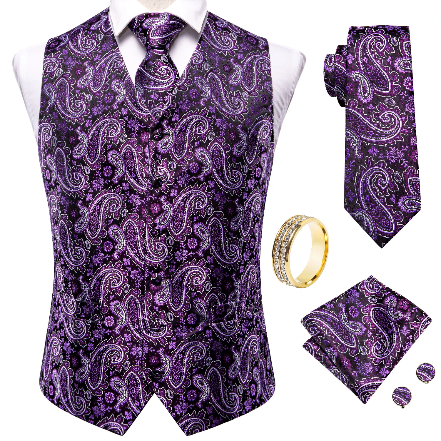 Black Purple Silver Paisley V-Neck Vest Accessory Kit Tie Pocket Square Cufflinks Ring For Stage Carnival Show