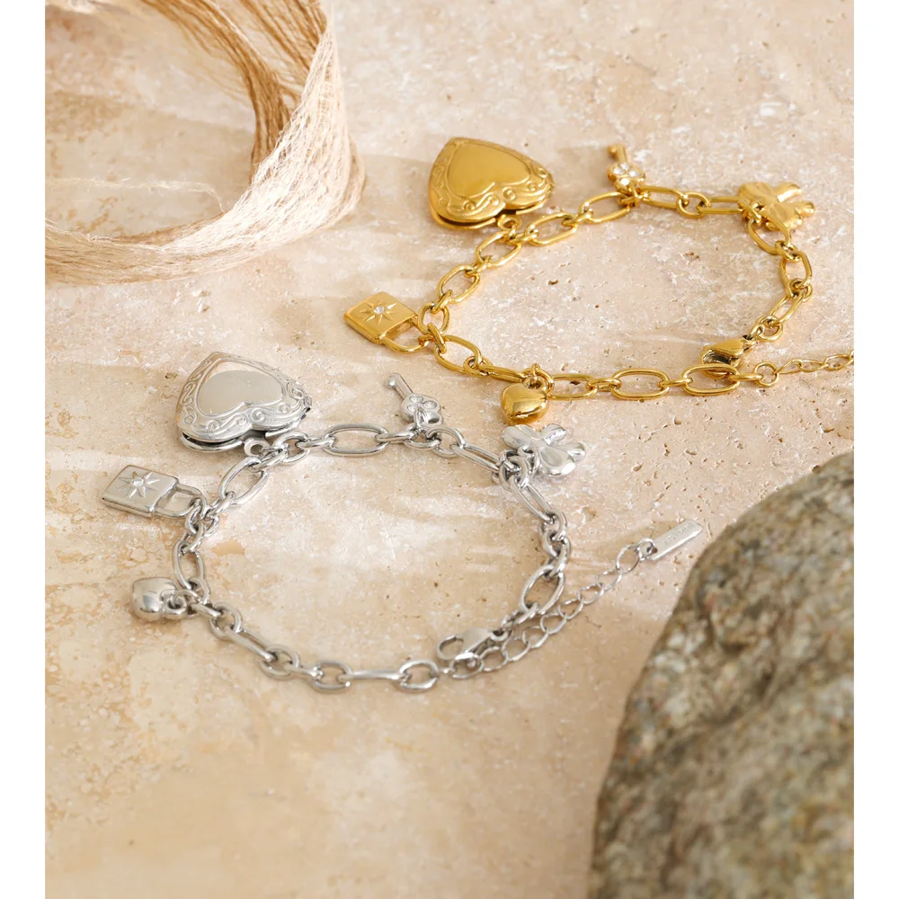 Yhpup High Quality Stainless Steel Charm Pendant Open Heart Put a Photo Necklace Bracelet Set PVD Plated Popular Fashion Jewelry