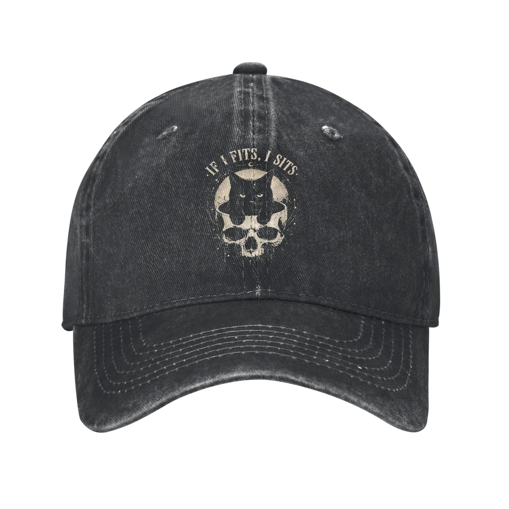 Washed Baseball Cap If I Fits I Sits Funny Cat Skull Gothic Retro Grunge Vintage Summer Hip Hop Hats For Unisex-Teens Sun Caps