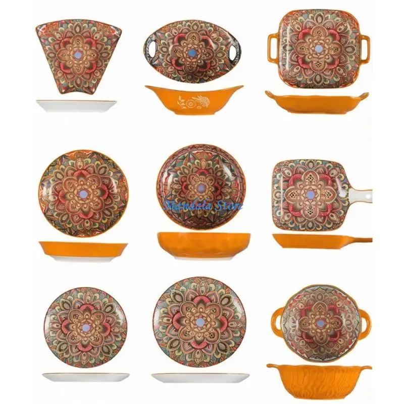 U2JC Decorative Tableware Ceramic Serving Dish, Ethnic Underglaze Colorful Floral Pattern Dinnerware Bowl Plate for Home Dining