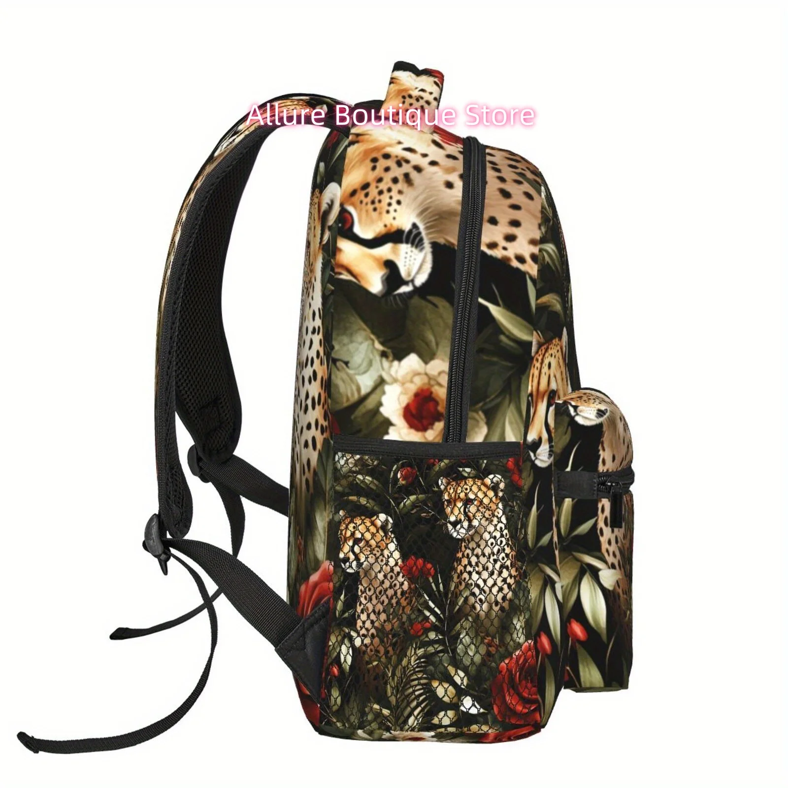 Rose and Leopard Pattern Full-color Printed Back to School Student Backpack, Shoulder Strap Back and Waist Protection Design Bac