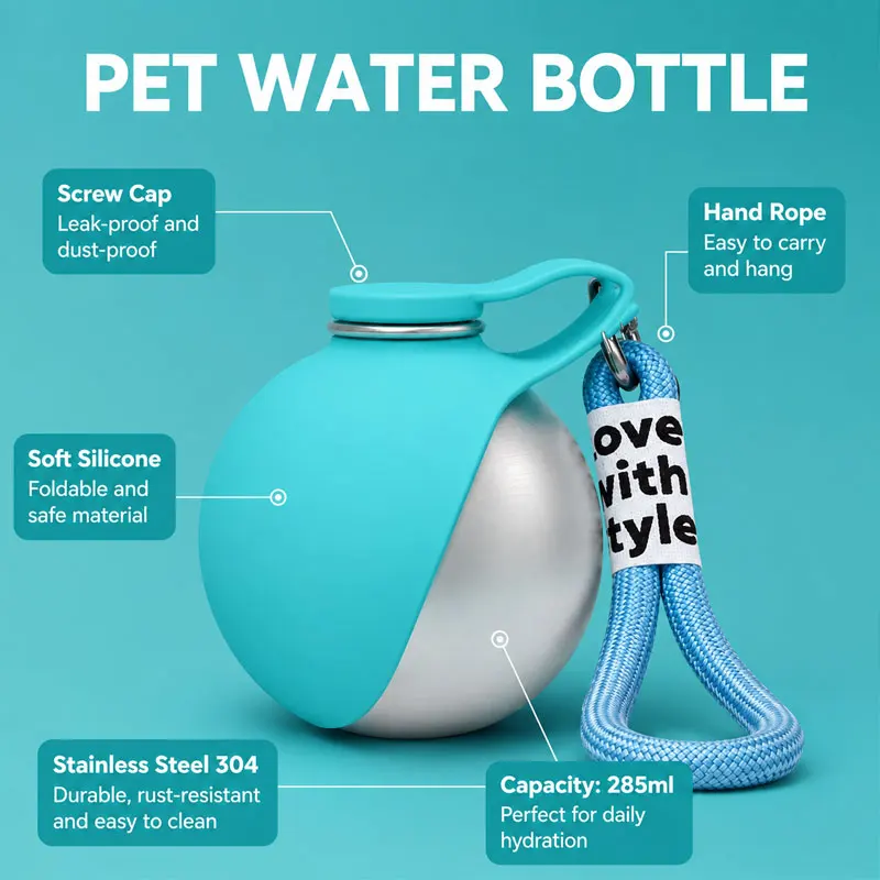 285ML Hundetrinkflasche mit Faltbarer Silikon-Schüssel 304 Edelstahl Auslaufsichere Trinkflasche für Hunde und Katzen Welpen-Wasserspender – Detail 5