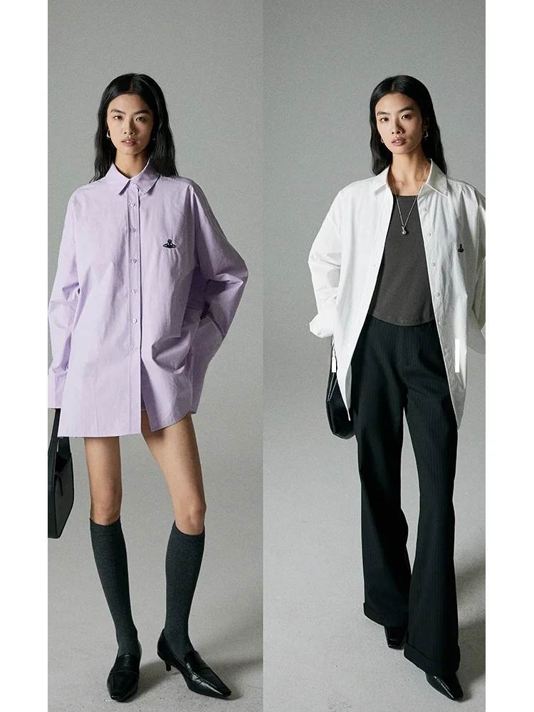 

Elegant White Embroidered Shirt Women's Mid-Length Spring Autumn New Style Korean Version Collar Long Sleeve Loose Fit