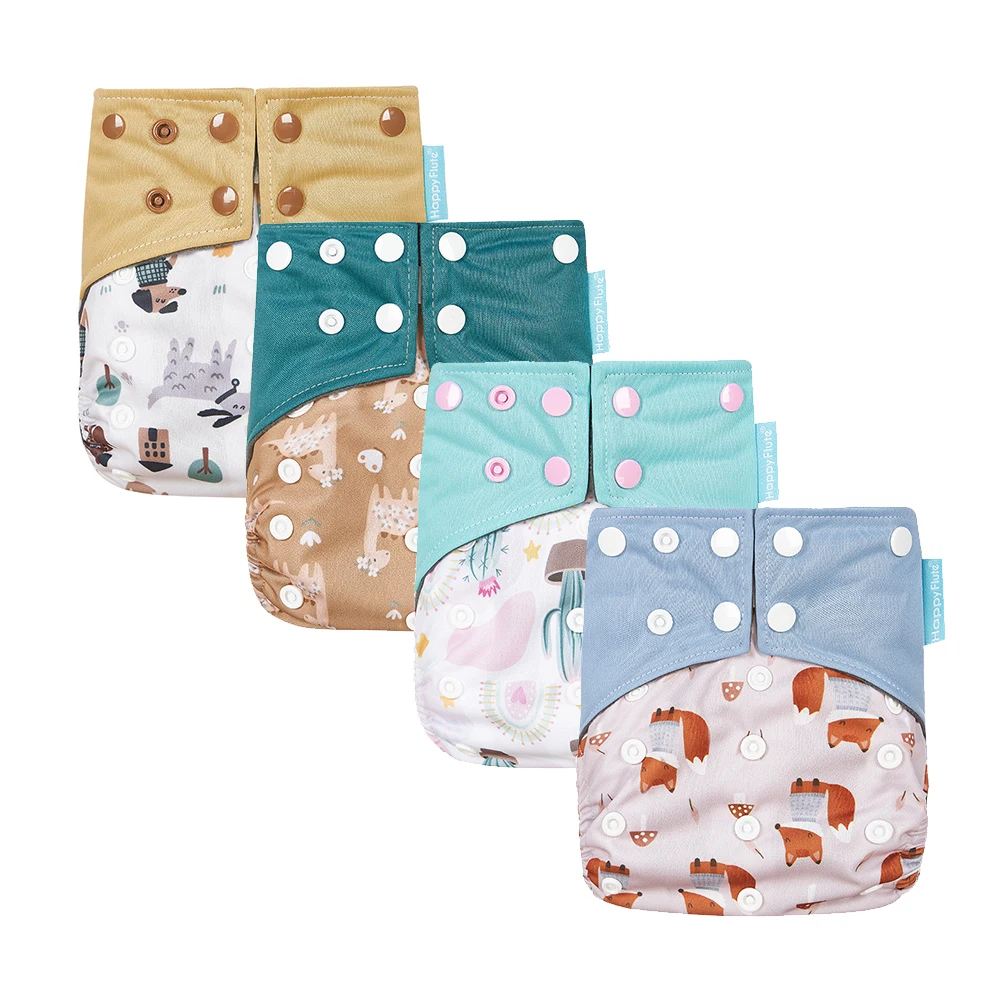 

HappyFlute New OS Double Gussets Bamboo Charcoal Inner Animal Print Waterproof Washable Pocket Diaper Baby Cloth Nappy