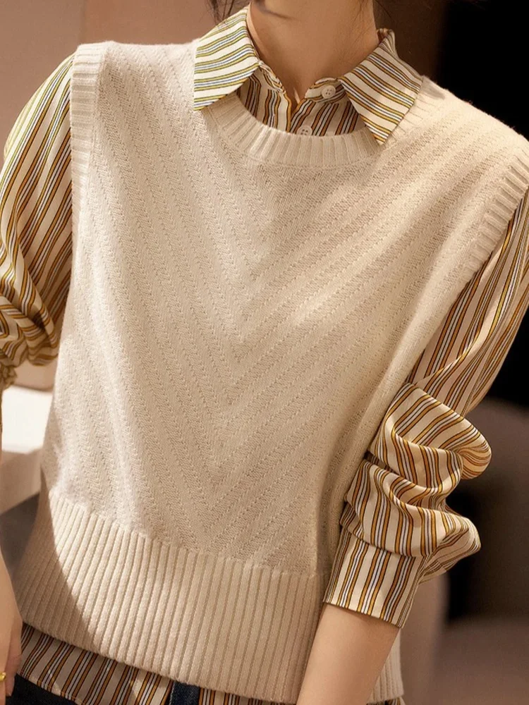 Autumn Winter Vest Sweater Women's Pullover 100% Merino Wool Knitwear O-Neck V-Shaped Jacquard Sleeveless Soft Clothes Waistcoat