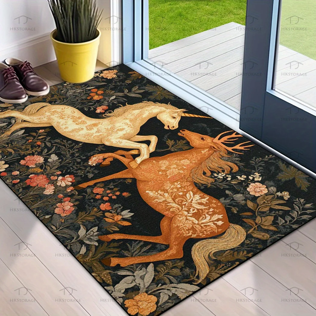 VIKAMA Vintage Animal Floor Mat Medieval Unicorn Deer Floral Art Pattern Anti‑Slip Washable Doormat Entryway Home Decor Rug - view 2