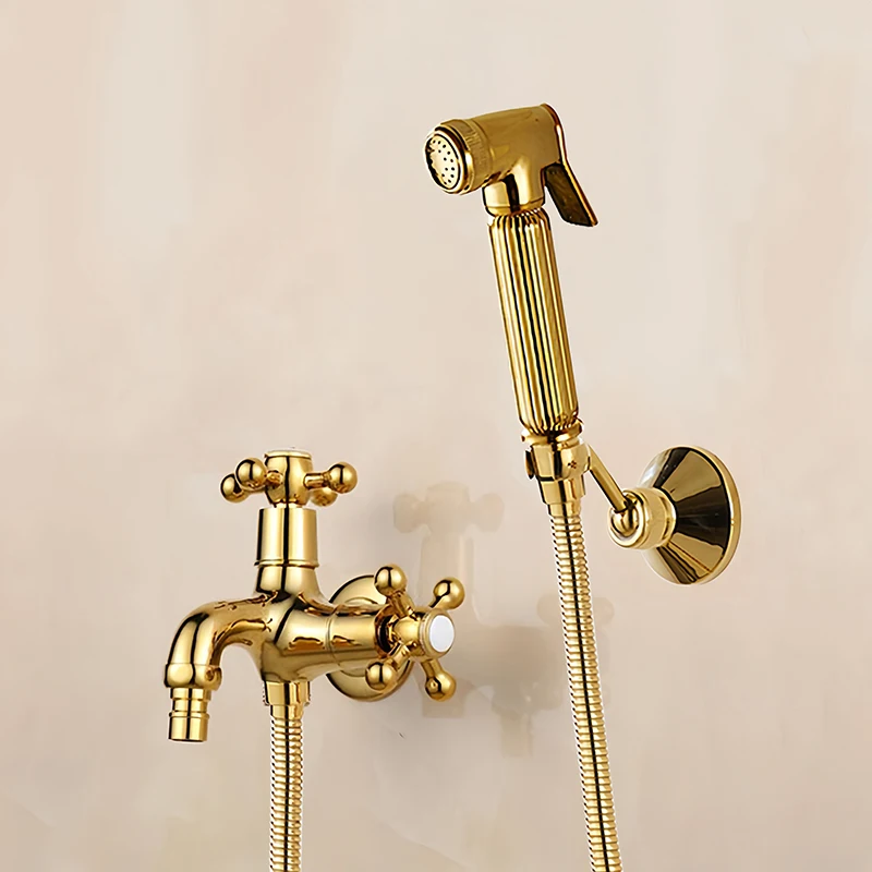 Gold Hand Held Bidet Sprayer Douche Toilet Kit Copper Engrave Shattaf Shower Head Valve Set Jet Bidet Faucet Set Bidet Taps Set