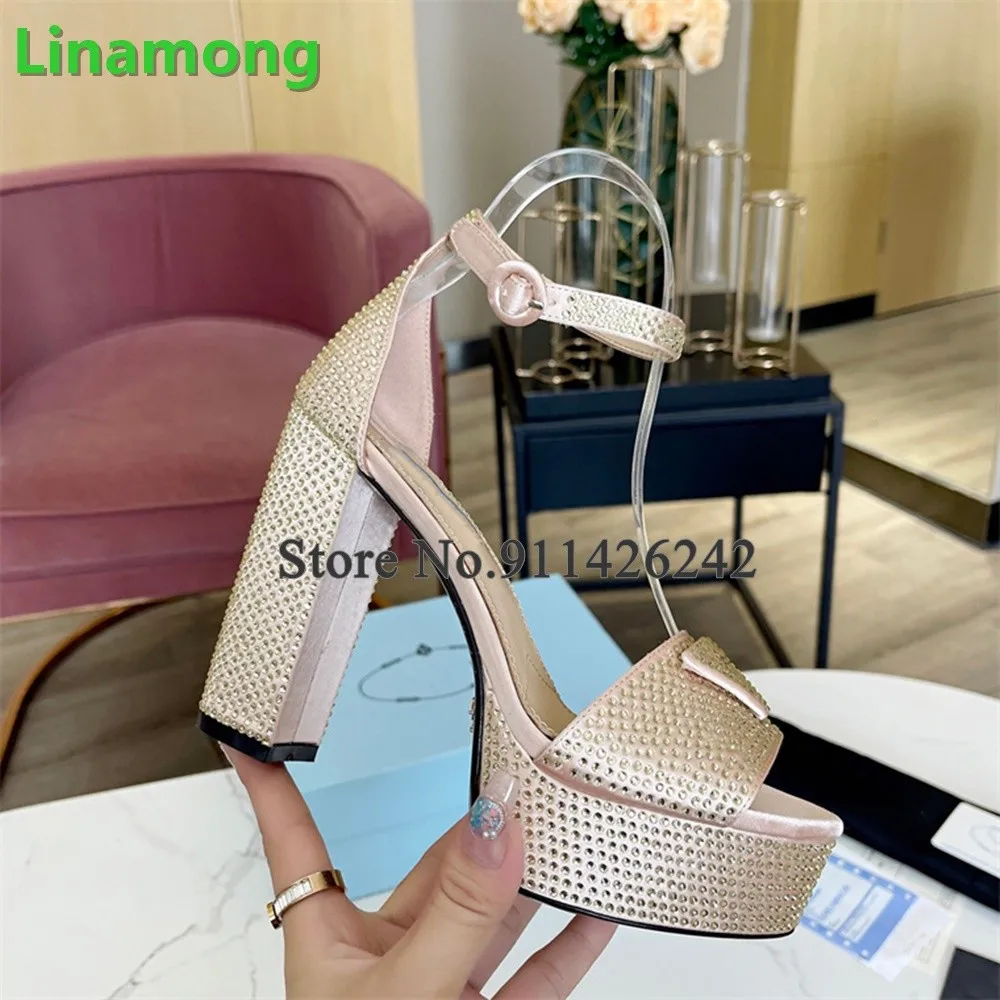 Crystal Square Heel Platform Luxury Sandals For Female Women Solid Fashion Elegant Round Toe Ankle Buckle Strap All-match Shoes