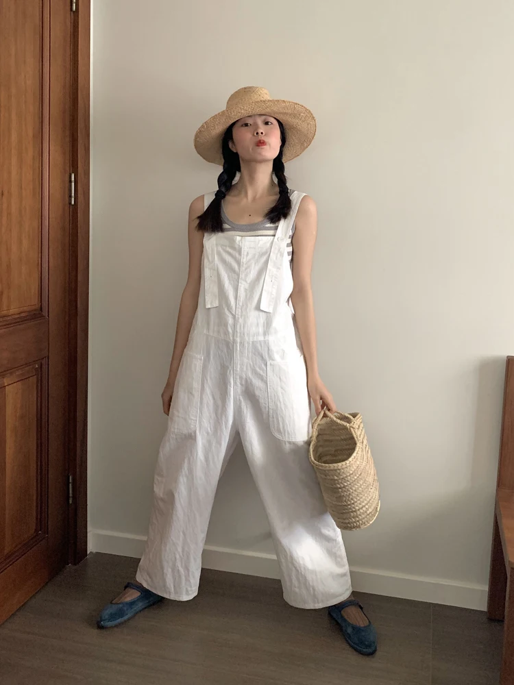 

Loose Women's Summer 2025 Dungarees Rer Straight Leg Pants Slimming Effect Cotton Blend Commute Sle Long Pants