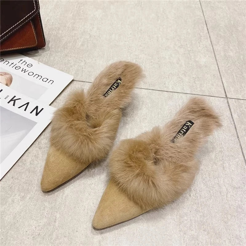 LazySealern Square Heel Warm Real Rabbit Hair Slippers Winter Pointed Toe Luxury Fur Square Heel Lady Mujer Indoor Slides