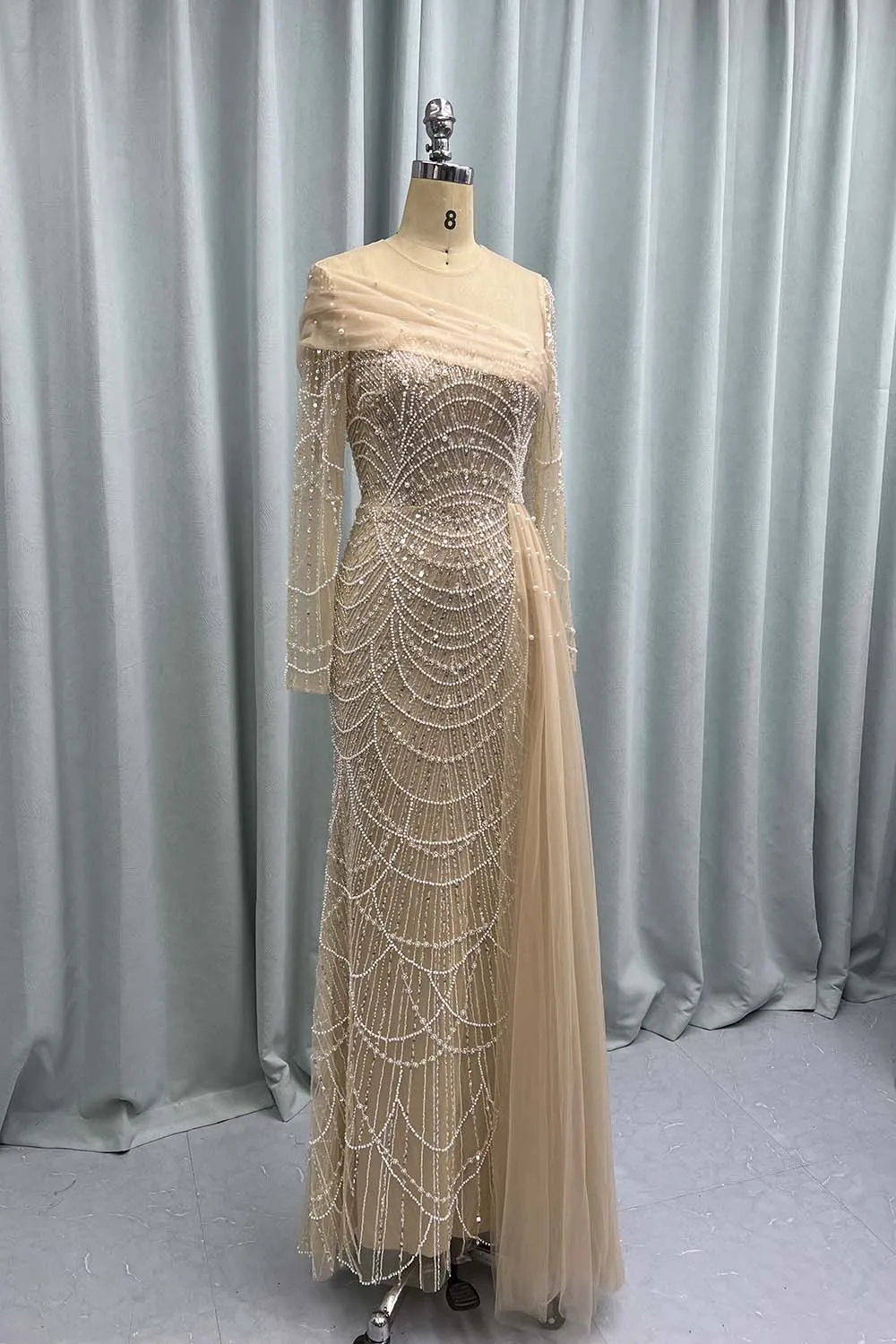 YQLNNE Beige Beading Long Sleeves Evening Dresses O Neck Mermaid Women Wedding Party Gowns Saudi Arabia