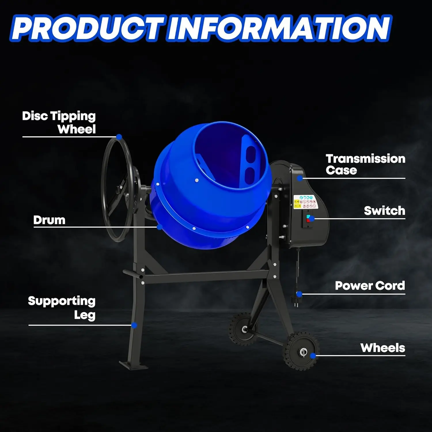 5.3 Cu.Ft. Mesin Mixer beton, mesin Mixer semen listrik 750W 1HP dengan roda dan dudukan untuk Stucco