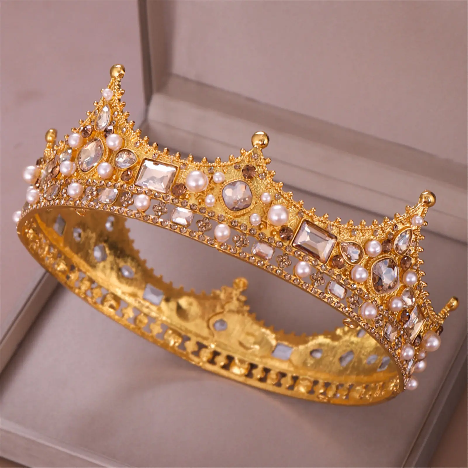 Legierung Krone Tiara Retro Braut Strass Runde Krone Perle Kristall Dekoration Für Hochzeit Braut Prom Party Haar Zubehör