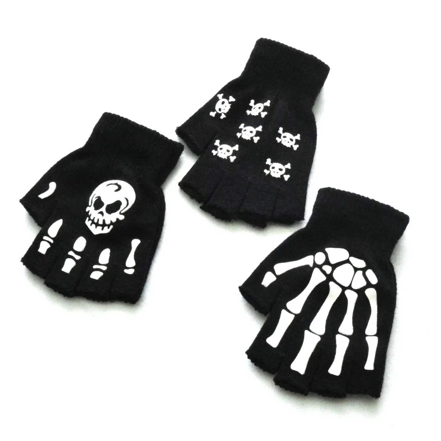 Winter warm knit half-finger gloves Halloween glow-in-the-dark fluorescent skull claw printing riding gloves