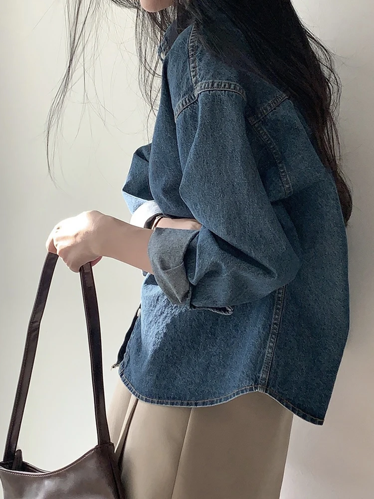 Women's Denim Shirt Korean Sle Early Spring Outfit Vintage Collar Loose Design Casual Shirt Long Sleeve Polo Collar Pure Color