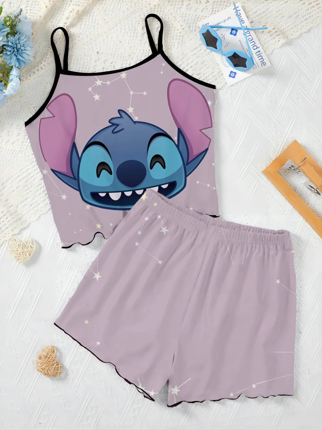 Women's Suit Home Dress T-shirt Lettuce Trim Disney Top Stitch Short Sets Pajama Skirt Pieces Elegant 2-piece Disney Slip Dress