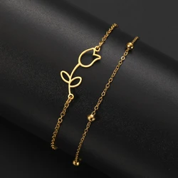 Cazador Tulip Flower Bracelet for Women Girls Kpop Stainless Steel Double Layers Beads Chain Bracelets Jewelry Birthday Gift New
