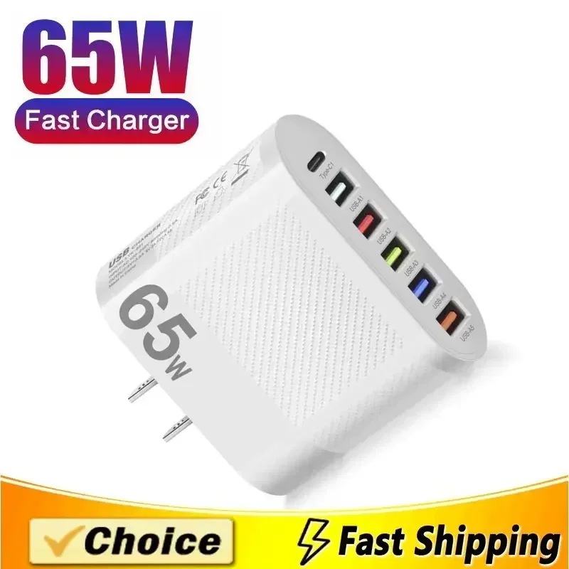 65W Phone Fast Charger 6 Ports USB Type-C 5V/3.5A  EU/US Plug Lightweight Home Travel Charging Head for iPhone 14 13 12 Huawei