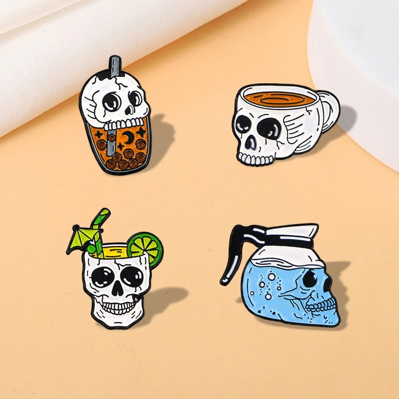 New Skull Coffee Cup Shape Cartoon Brooch Cartoon Punk Style Alloy Badge Pin DIY Clothing Bags Hat