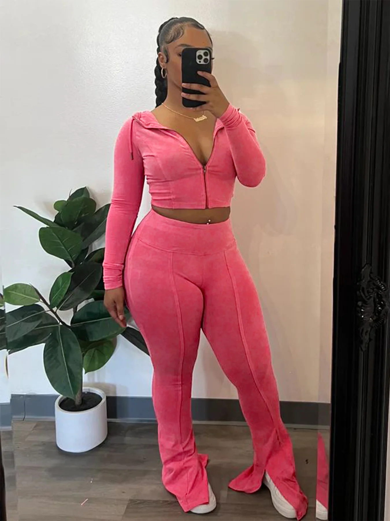 PYMQR Washed Worn Hooded Flared Pants Women Two-piece set  Hoodie Zip Up Cropped Top Jogger High Waist Lounge Wear Suits 2024