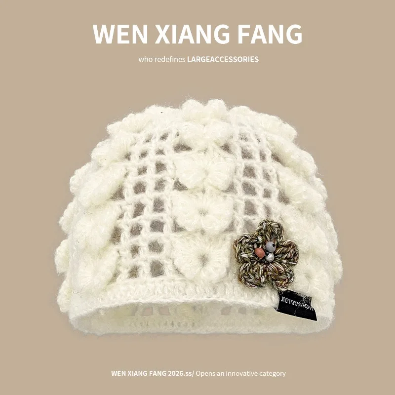 Neue handgemachte Häkelblumen-Strickmütze für Damen, Herbst-Reise-Literatur-Strickmütze mit kurzer Krempe, Gorras – Detail 7