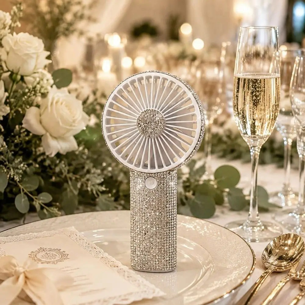 Small Size Mini Portable Fan Cute Design Sparkling Imitation Diamonds Handheld Personal Fan Long-Lasting Battery Diamond Pattern