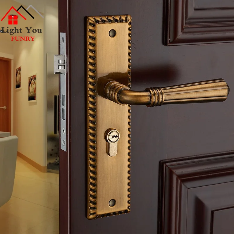 

New European interior door lock yellow bronze bedroom door lock solid wood door lock with handle lock