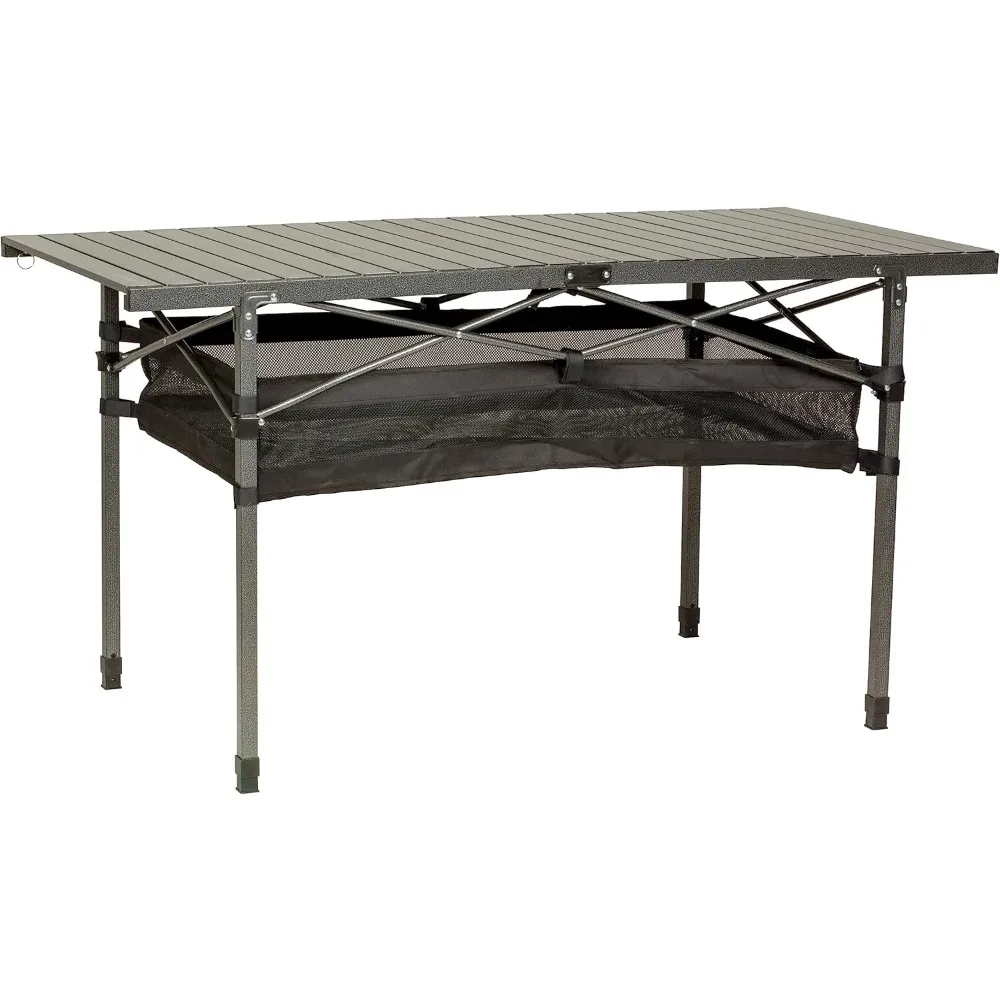 

Dining Table, Slatted Aluminum Tabletop, Foldable Design, Heavy-Duty Steel Legs, Powder-Coated Protection, Mesh Storage Shelf