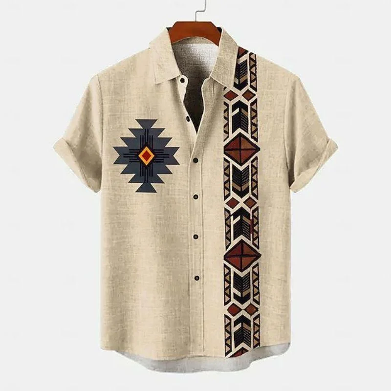 

Hot selling summer and autumn cotton and linen short sleeved comfortable African tribal print 2024 vacation leisure retro trend