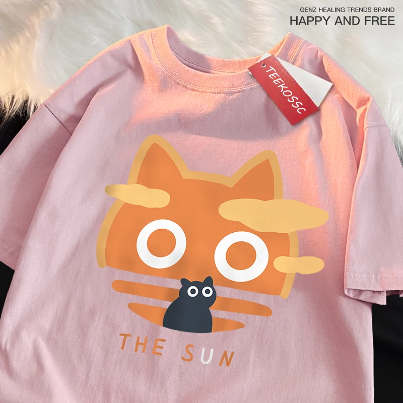 Asian Size The Sun Orange Cat Fun Japanese Style Male Cotton O-Neck T-Shirt Summer Loose Oversize Clothes Brand Short Sleeve