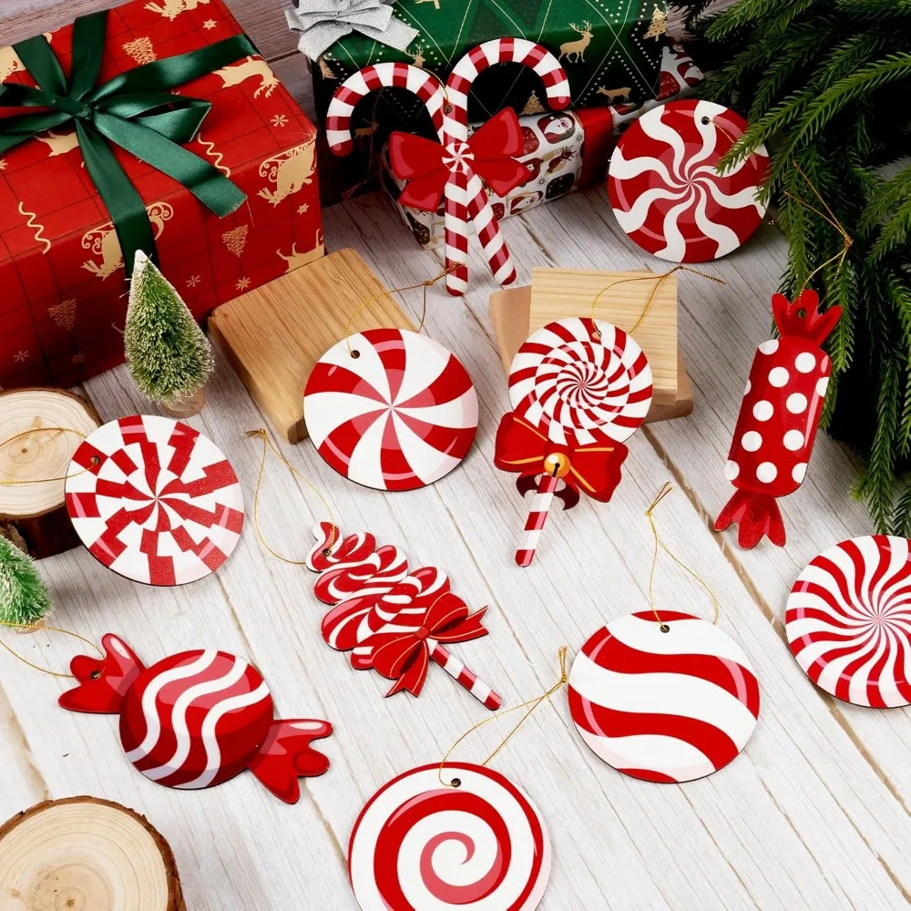 

12pcs/24pcs Christmas Tree Candy Wind Ornaments Colorful Peppermint Wood Ornaments Lollipop Candy Christmas Ornaments