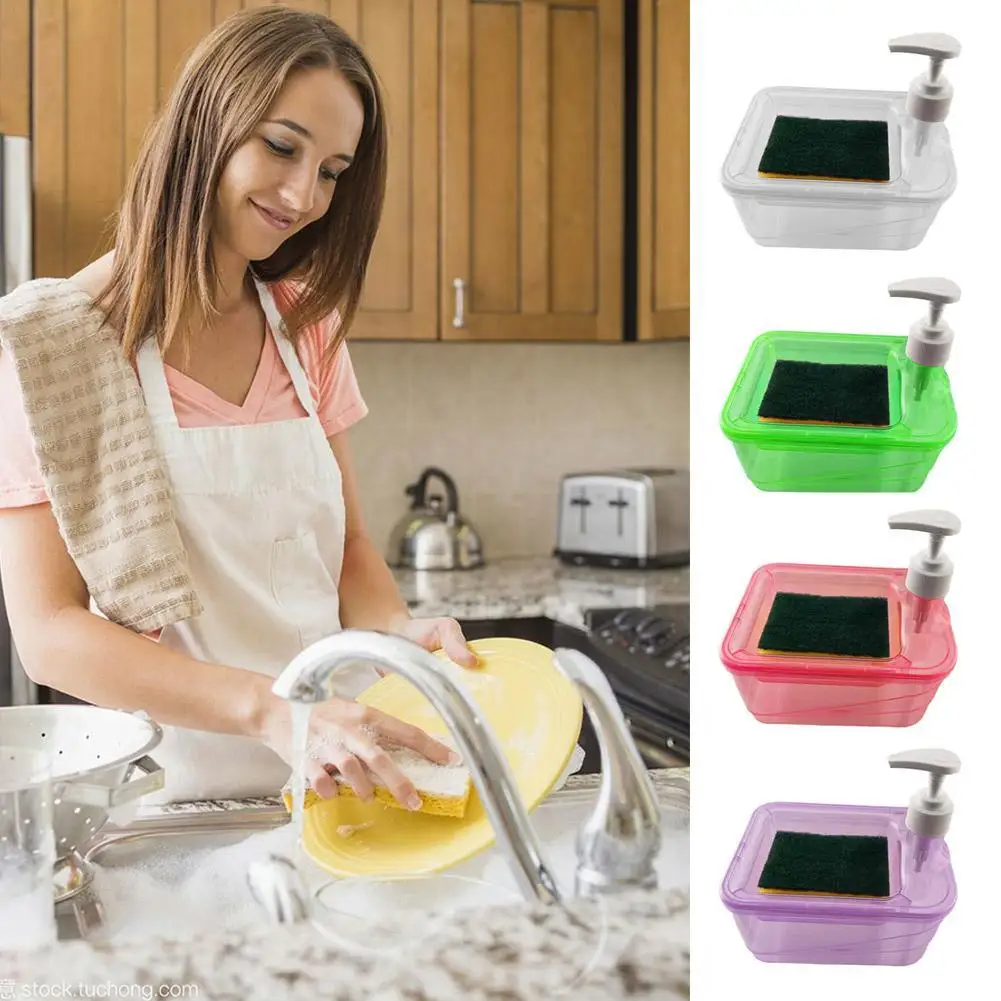 3in1 Soap Dispenser & Scrubber Holder with Sponge Plastic Hand Soap/Dish Soap Dispenser for Kitchen Bathroom