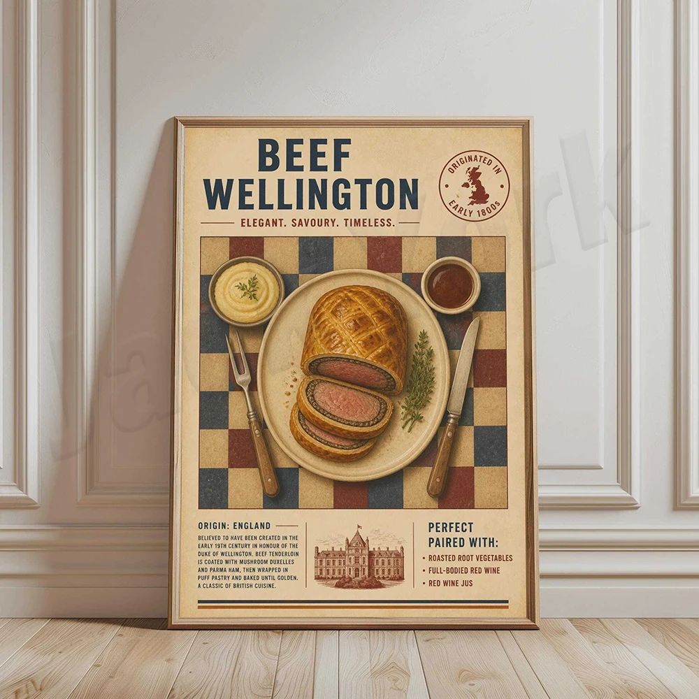Caramel pudding, cinnamon rolls, Peking duck, pancakes, Beef Wellington, lobster rolls, Beef Stroganoff, chocolate—food posters.
