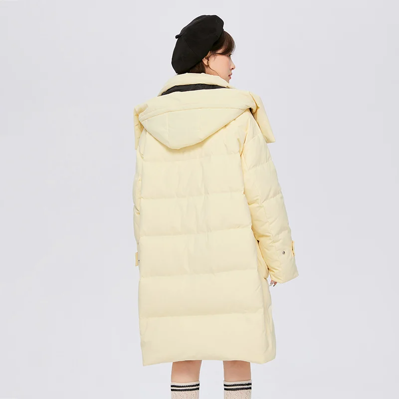 Semir Down Jacket Women Long Waterproof 2023 Winter New Loose Buckle Design Milk Yellow Down Jacket