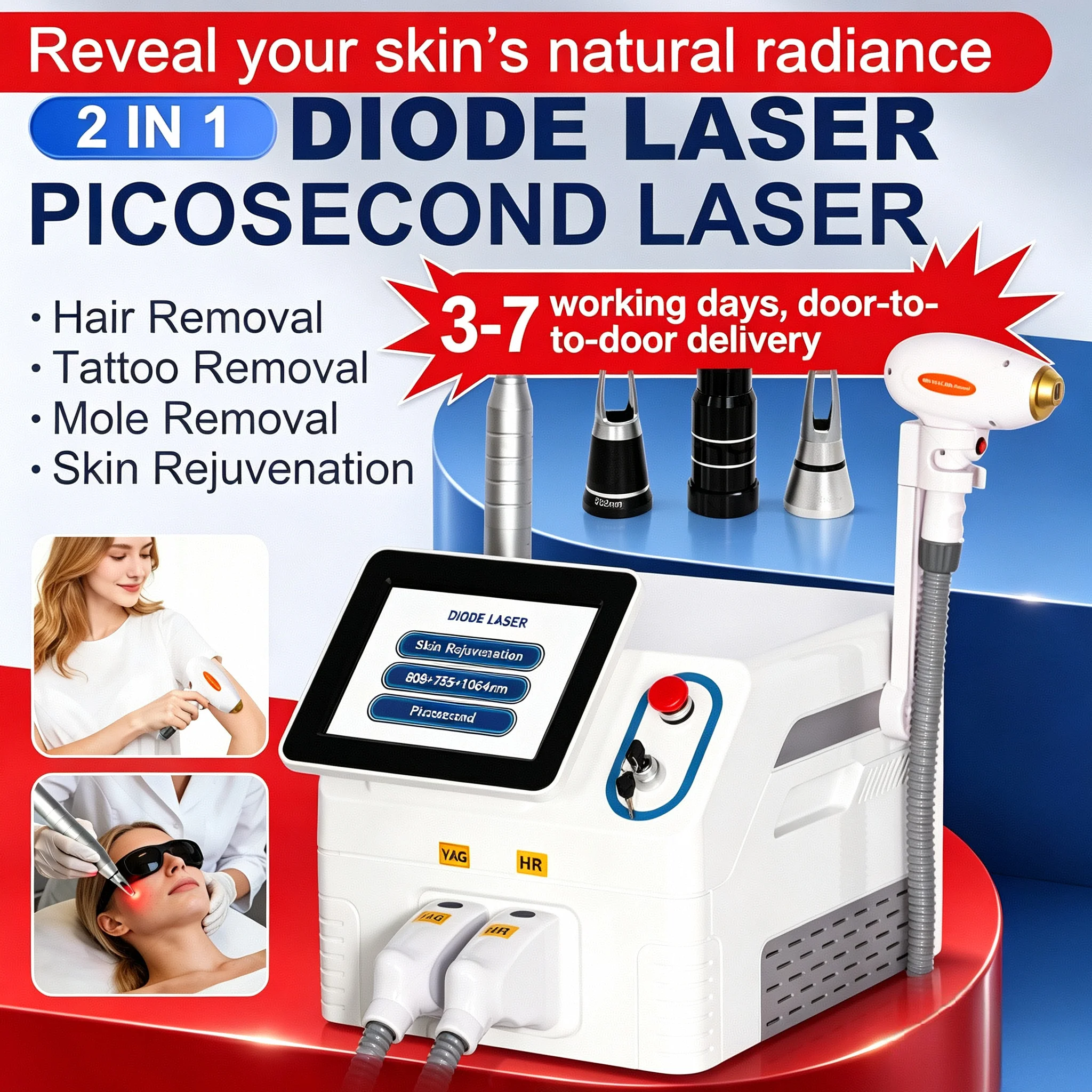 High Power 2 IN 1 Diode Laser PicoSecond 808nm Hair Removal 532nm 1064nm Tattoo Removal Skin Rejuvenation Beauty Machine