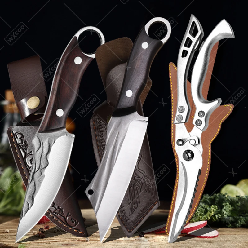 

WXCOO Ultra-sharp Boning Knife Stainless Steel Forged Kitchen Knives Steak Meat Cleaver Fruit Peeler Kitchen Cooking Scissors